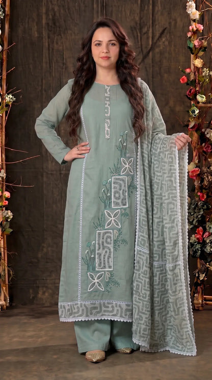 Sage Green Cotton Suit with Embroidered Panel & Printed Dupatta