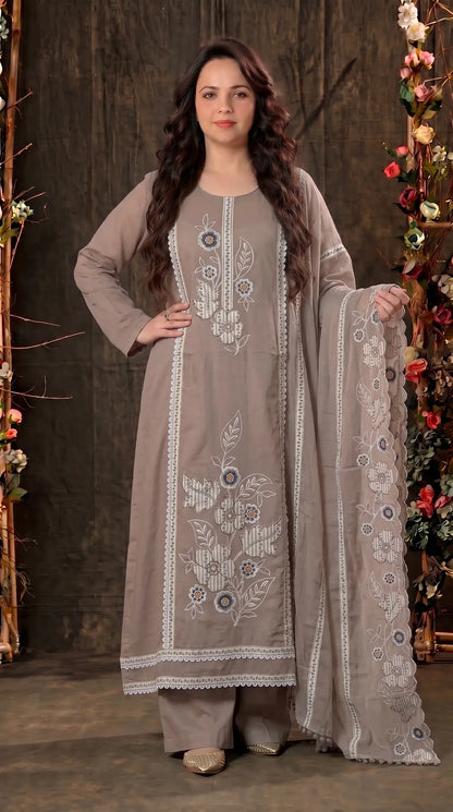 Ivory Mull Cotton Suit with Floral Embroidery & Embroidered Dupatta