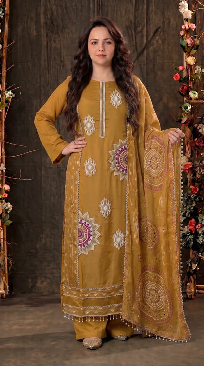 Mustard Soft Tissue Embroidered Designer Suit