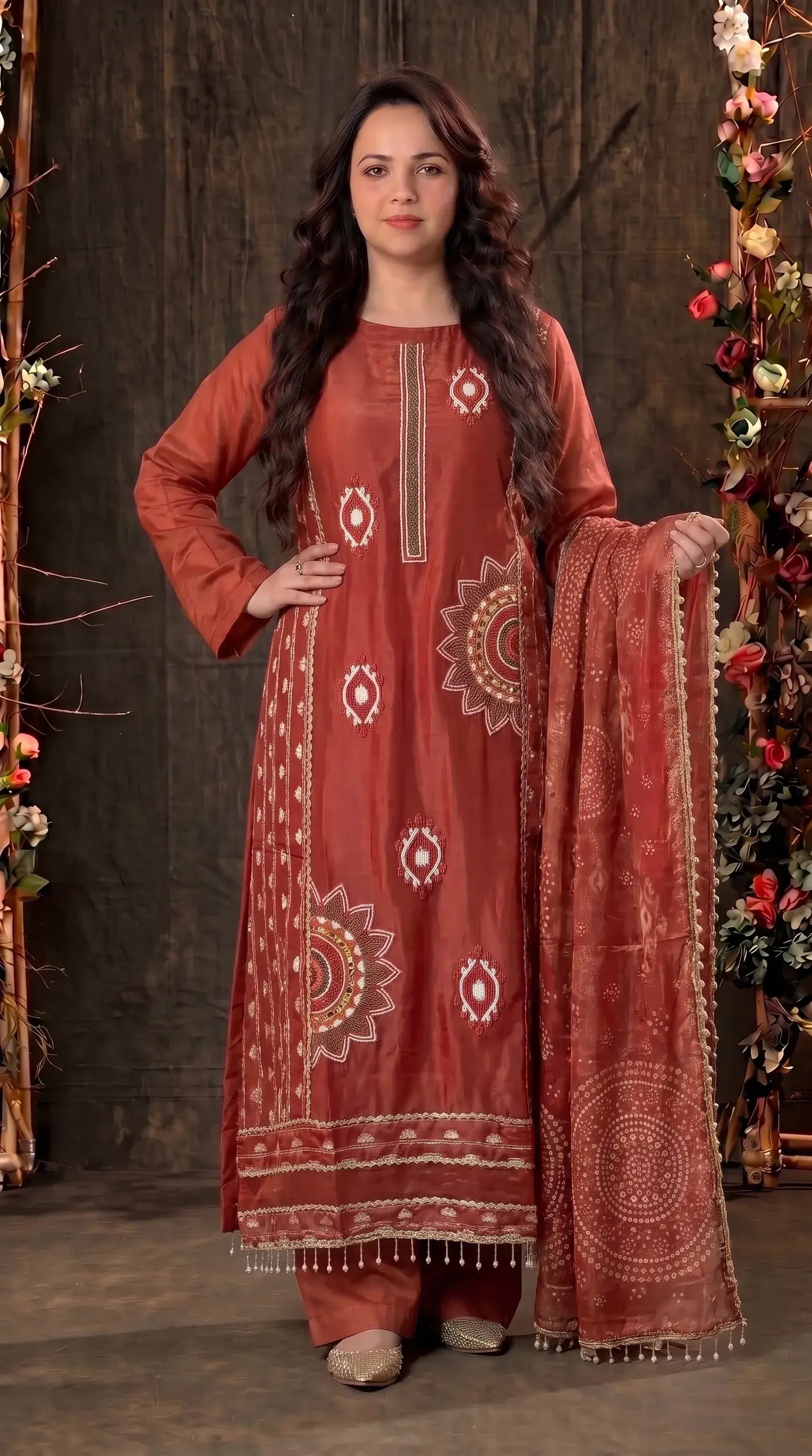 Premium Designer Rust Tissue Suit with Hand-Beaded Embroidery