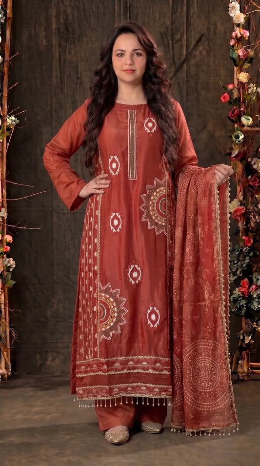 Premium Designer Rust Tissue Suit with Hand-Beaded Embroidery