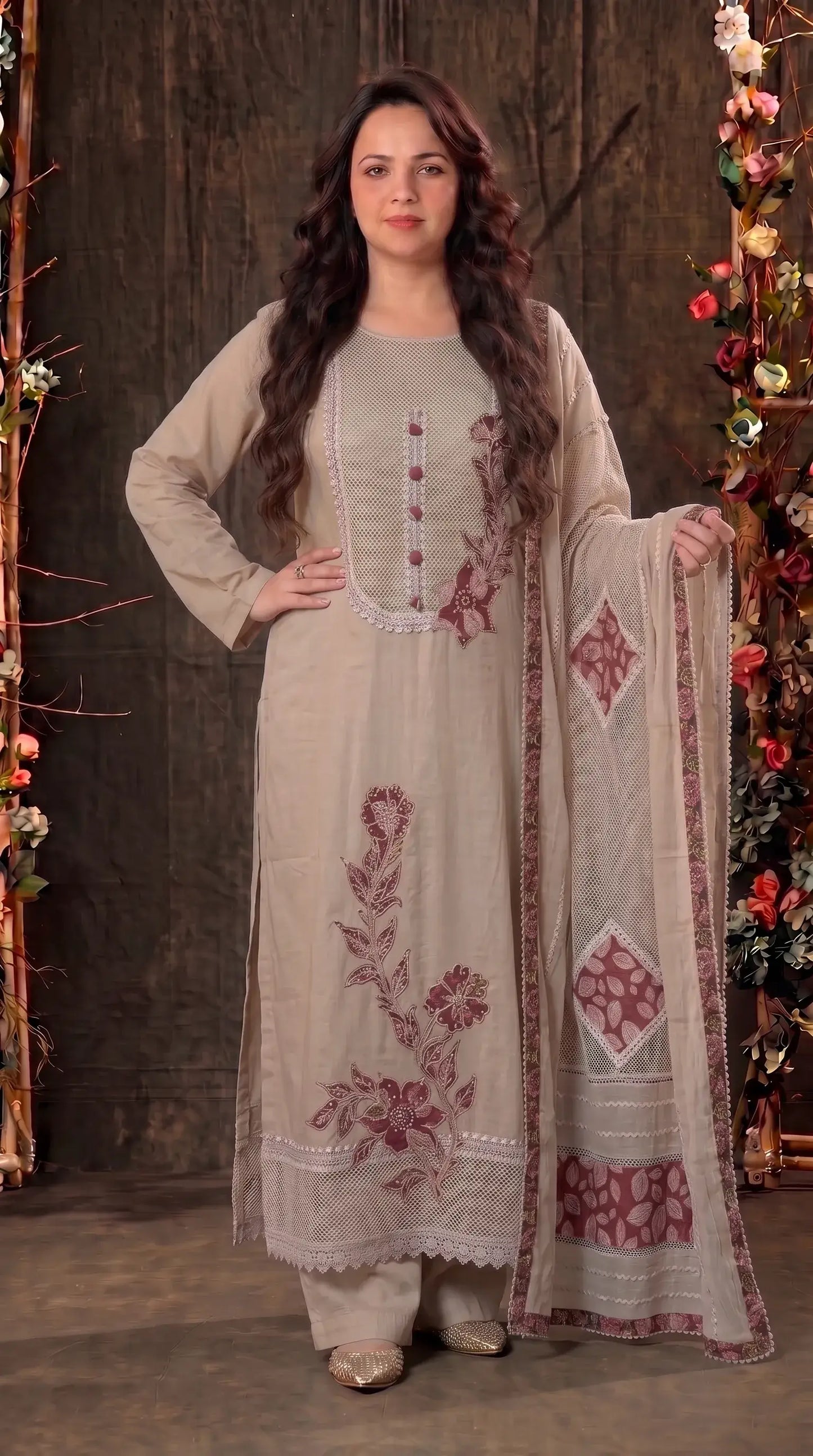 Premium Designer Soft Beige Pearl-Work Embroidered Suit