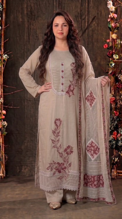Premium Designer Soft Beige Pearl-Work Embroidered Suit
