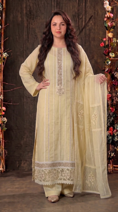 Premium Designer Butter Yellow Mal Chanderi Pearl-Work Suit