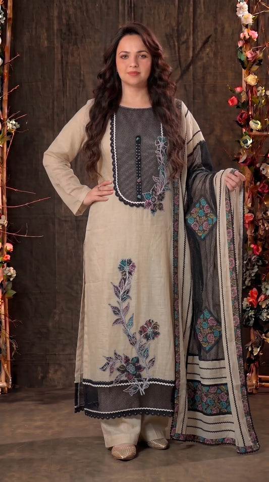 Premium Mul Designer Ivory Beige & Black Pearl-Work Floral Suit