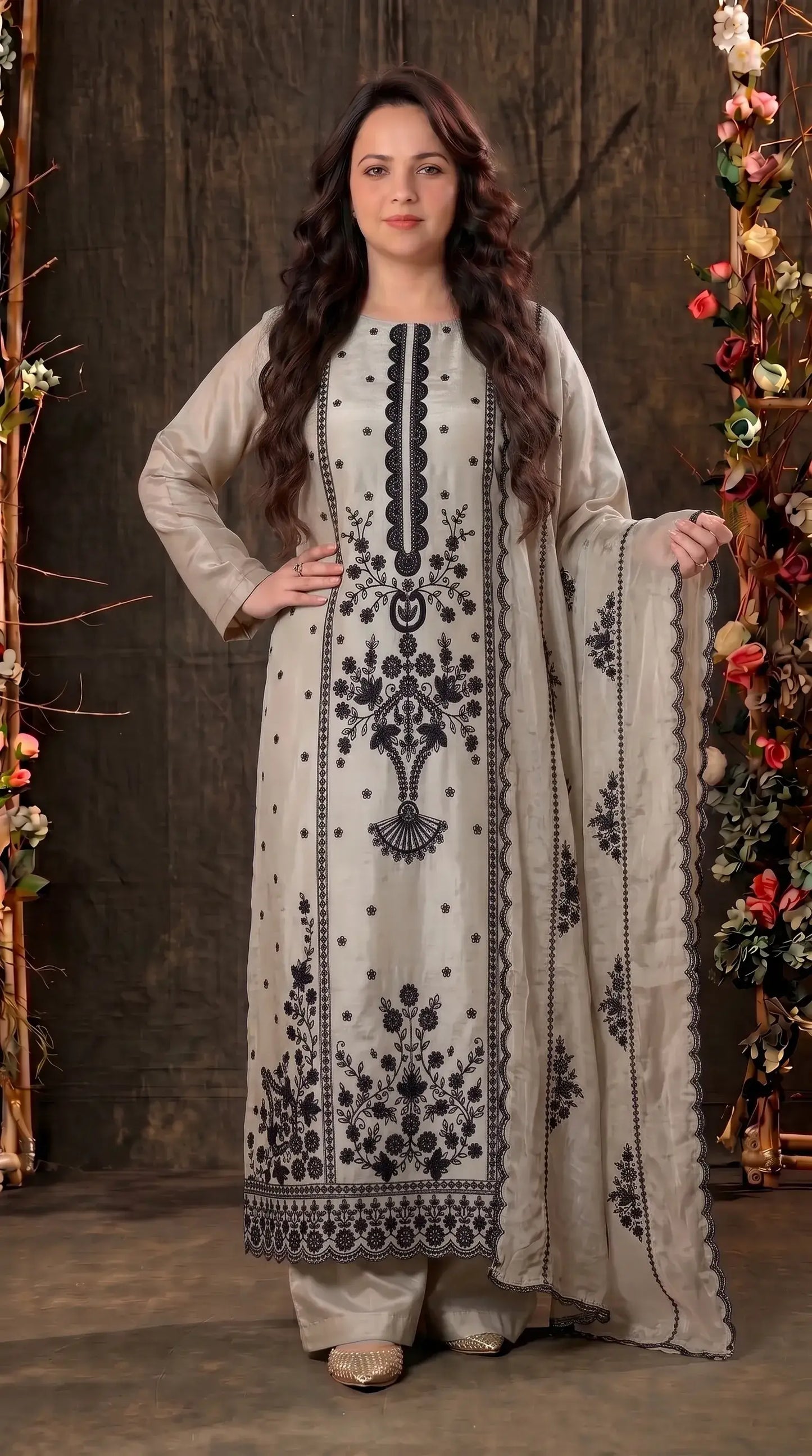 Premium Designer Ivory Tissue Suit with Black Hand Embroidery & Pearl Work