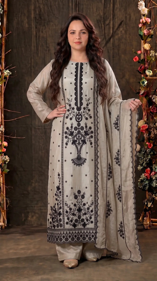 Premium Designer Ivory Tissue Suit with Black Hand Embroidery & Pearl Work