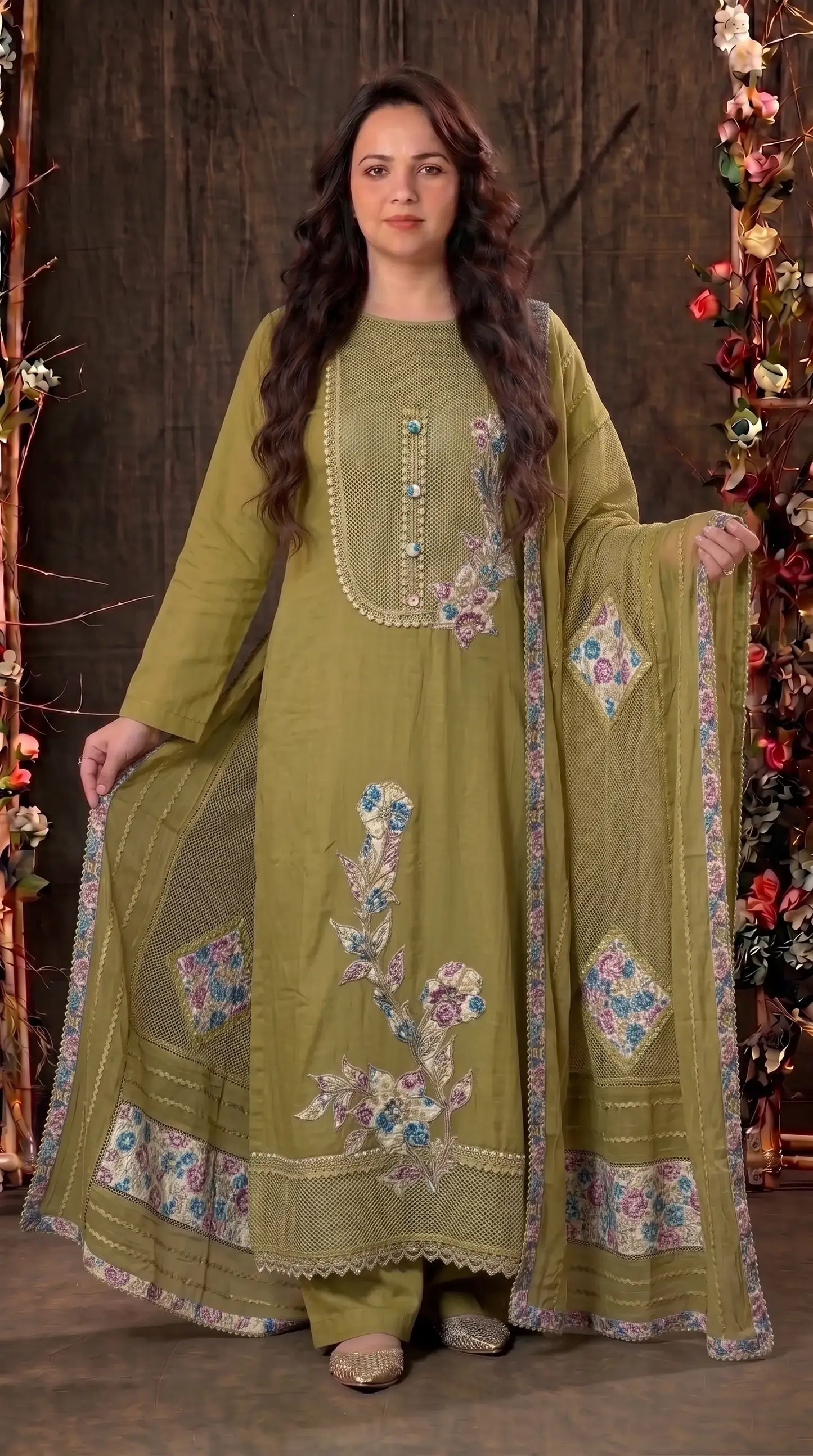 Premium Designer Olive Green Mul Pakistani Designer Suit