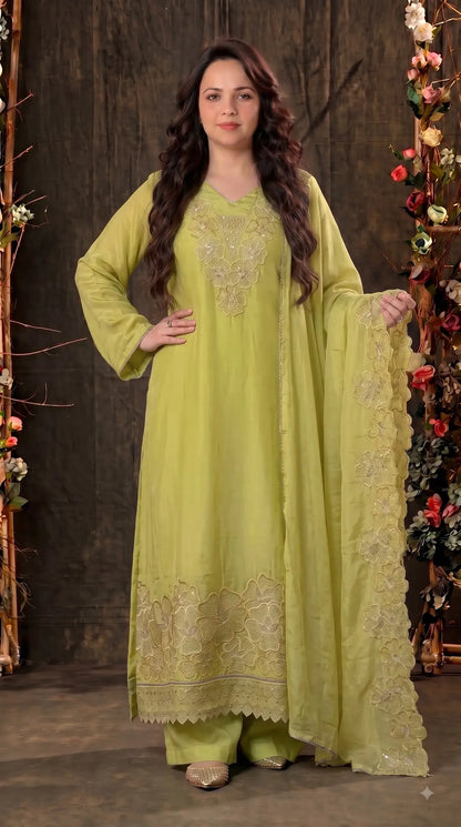 Premium Designer Lime Silk Pakistani Suit with Golden Floral Embroidery