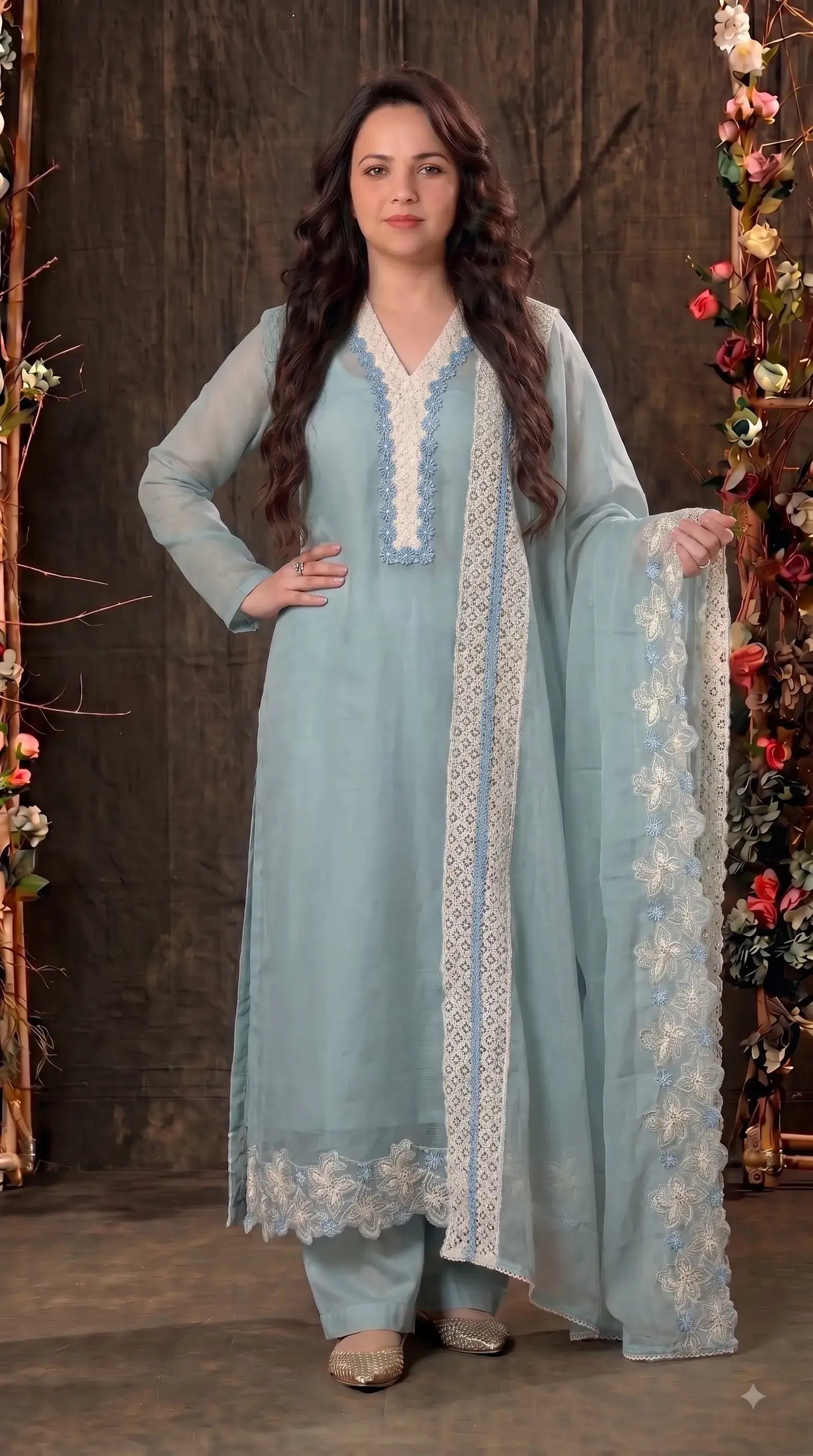 Premium Designer Powder Green Soft Cotton Pakistani Suit with Pearl & Lace Work