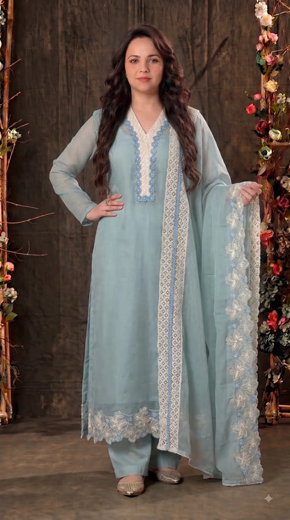 Premium Designer Powder Green Soft Cotton Pakistani Suit with Pearl & Lace Work