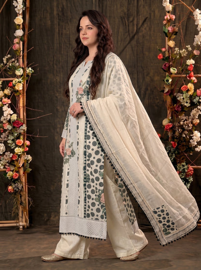 Premium Designer Linen Cotton Pakistani Suit with Floral Print & Lace Work