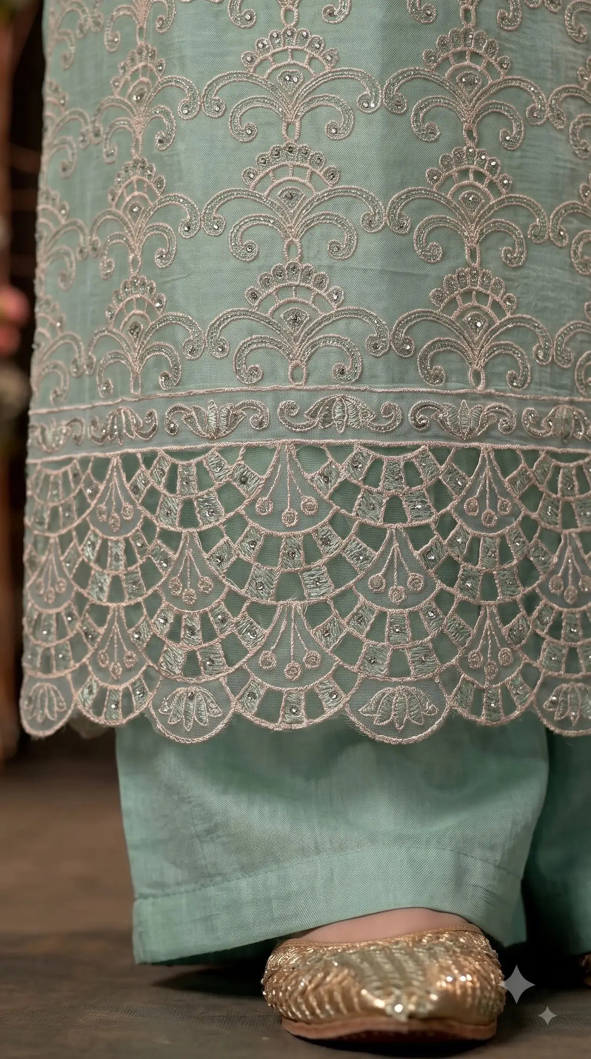 Premium Seafoam Mint Soft Crush Tissue Designer Suit with Intricate Cutwork Embroidery & Sequin Work
