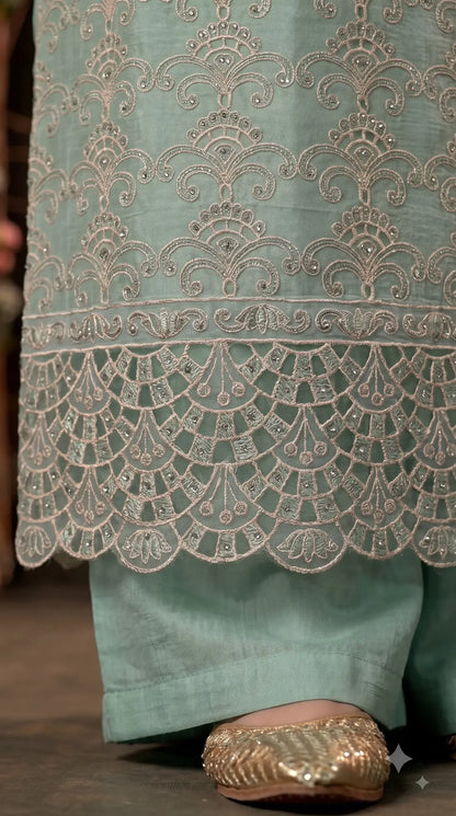 Premium Seafoam Mint Soft Crush Tissue Designer Suit with Intricate Cutwork Embroidery & Sequin Work