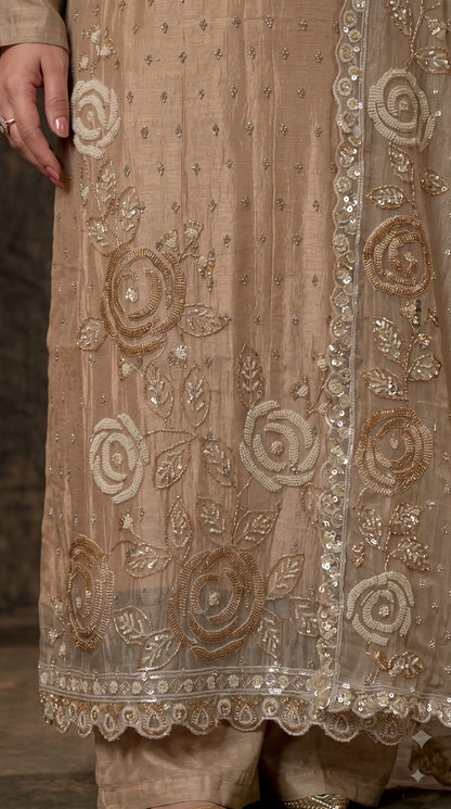 Premium Beige Soft Tissue Designer Suit with Pearl Work