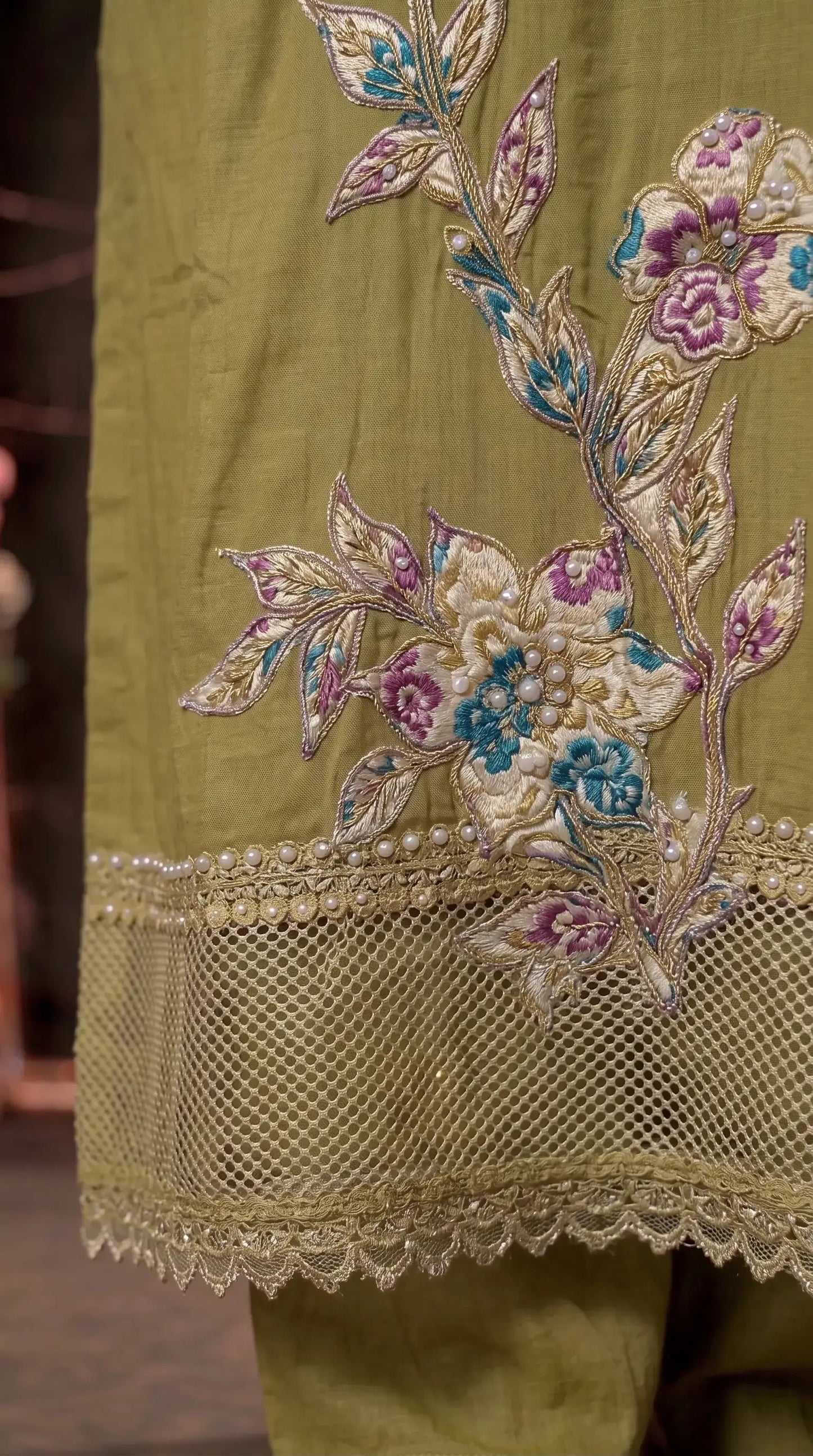 Premium Designer Olive Green Mul Pakistani Designer Suit
