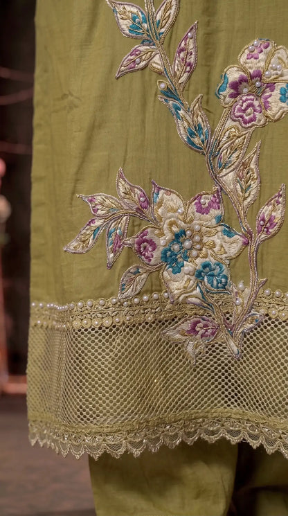 Premium Designer Olive Green Mul Pakistani Designer Suit