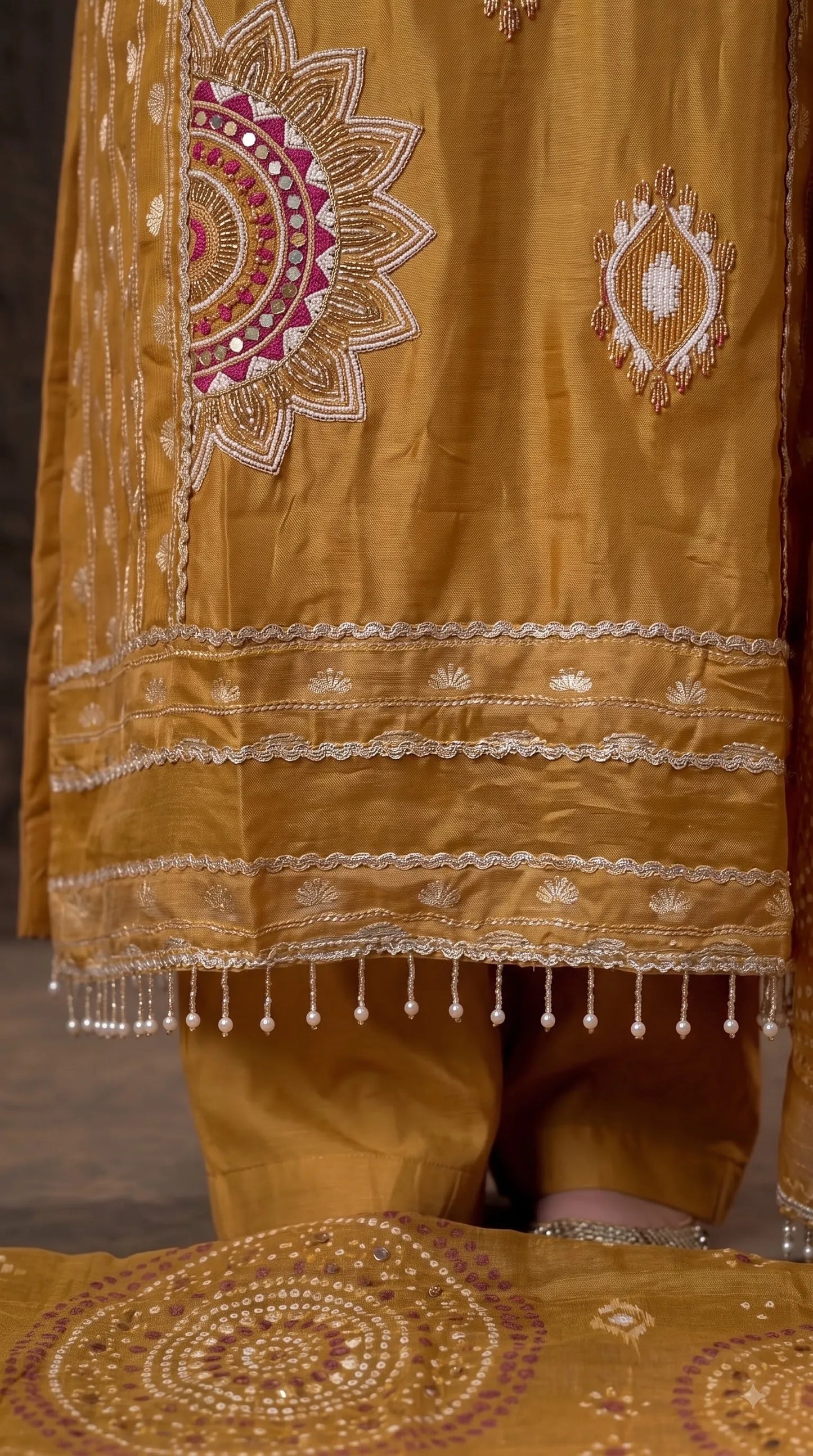 Premium Tissue Mustard Designer Suit with Pearl Detailing