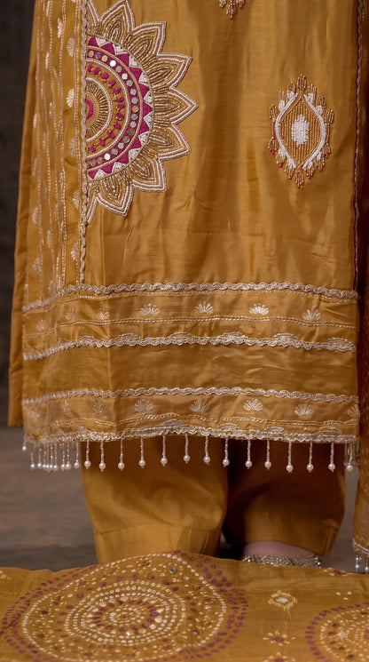 Premium Tissue Mustard Designer Suit with Pearl Detailing