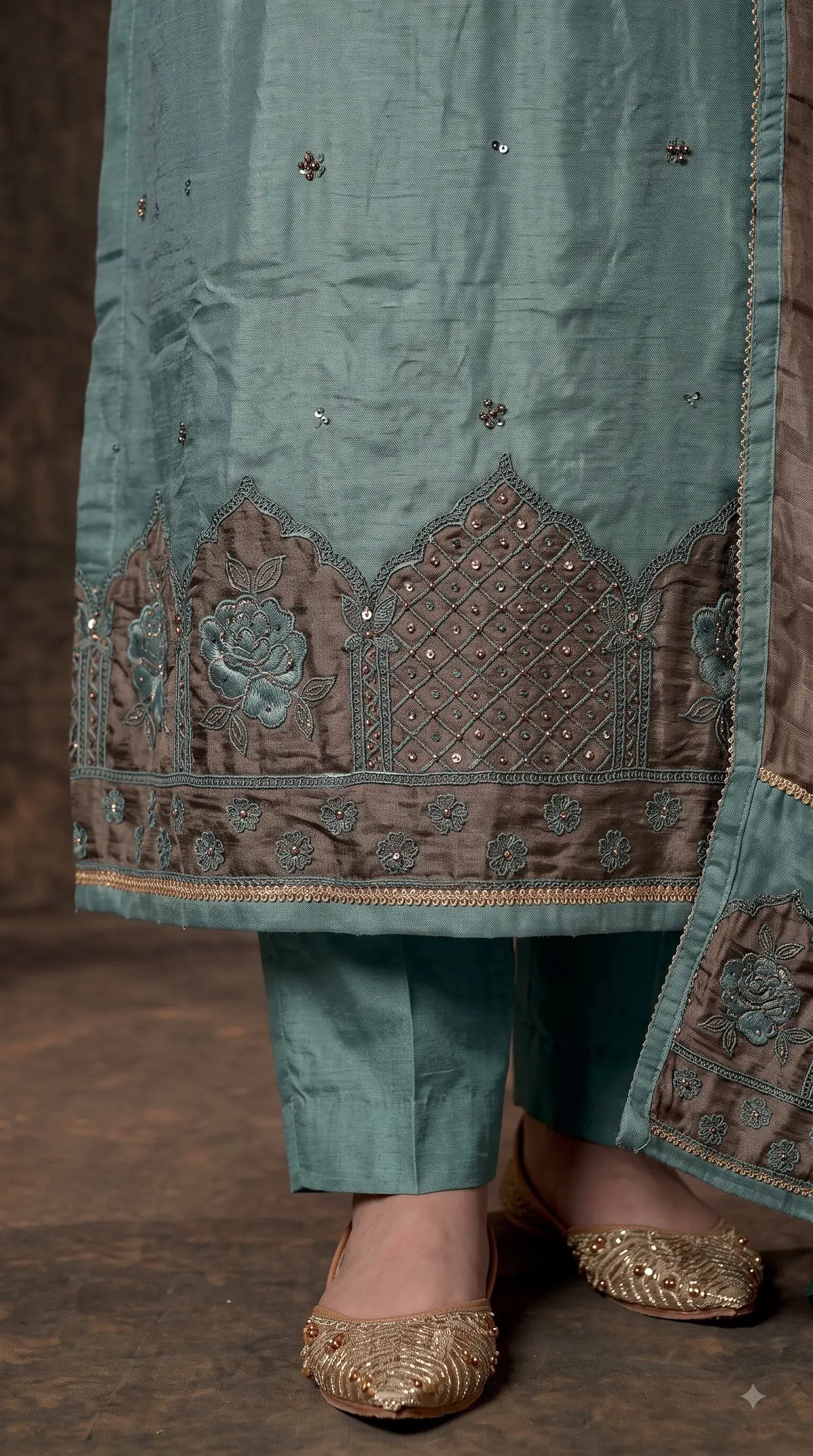 Pakistani Designer Sea Green Tissue Suit with Embroidery, Pearl & Sequin Work