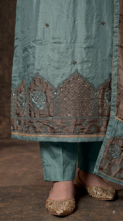 Pakistani Designer Sea Green Tissue Suit with Embroidery, Pearl & Sequin Work