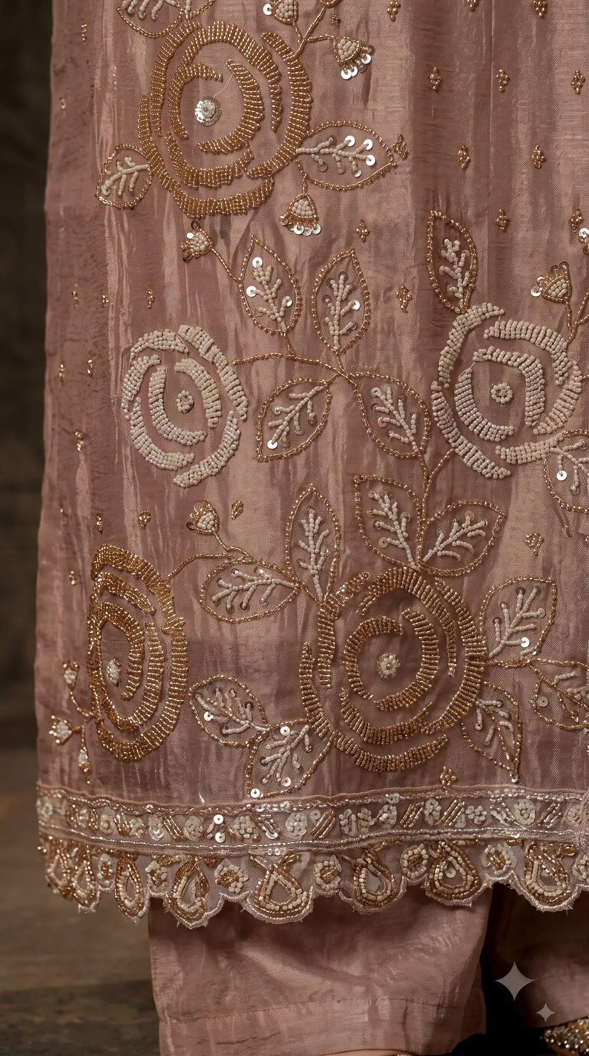 Premium Dusty Rose Taupe Soft Tissue Designer Suit with Pearl Work