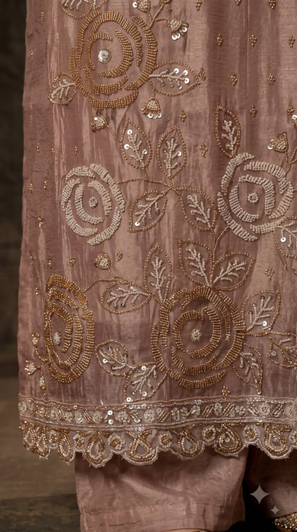 Premium Dusty Rose Taupe Soft Tissue Designer Suit with Pearl Work