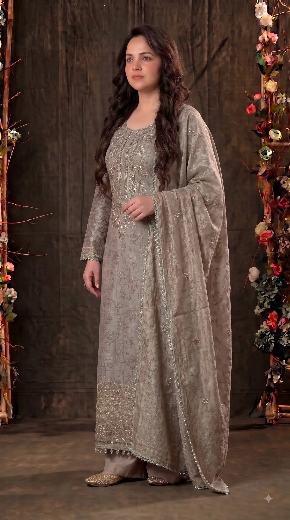 Pakistani Designer Ivory Shade Banarsi Suit with Mirror & Pearl Work