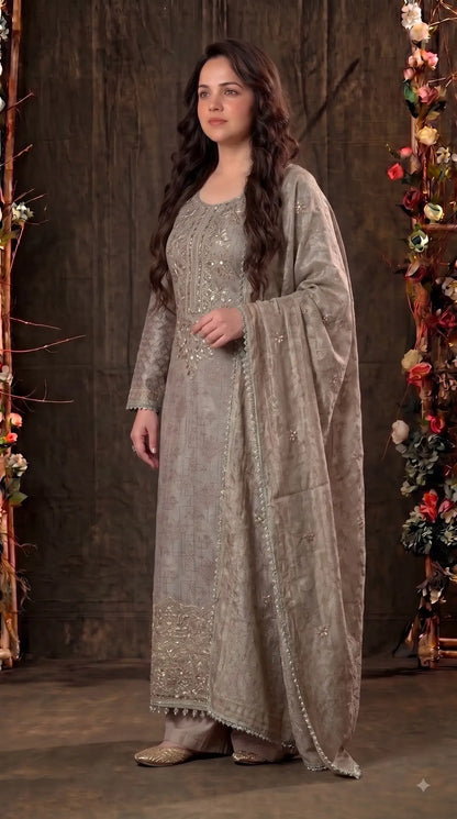 Pakistani Designer Ivory Shade Banarsi Suit with Mirror & Pearl Work