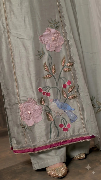 Premium Sage Green Tissue Pakistani Designer Suit with Floral & Bird Embroidery