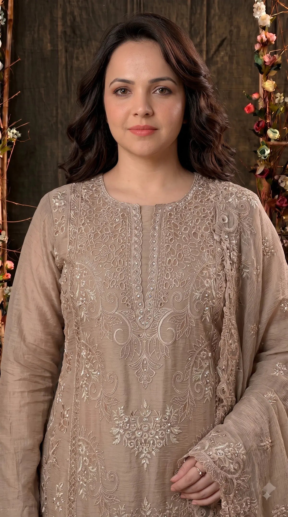 Premium Designer Taupe Beige Marble Chiffon Suit with Cutwork Embroidery & Swarovski Work