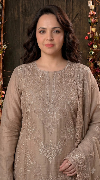 Premium Designer Taupe Beige Marble Chiffon Suit with Cutwork Embroidery & Swarovski Work