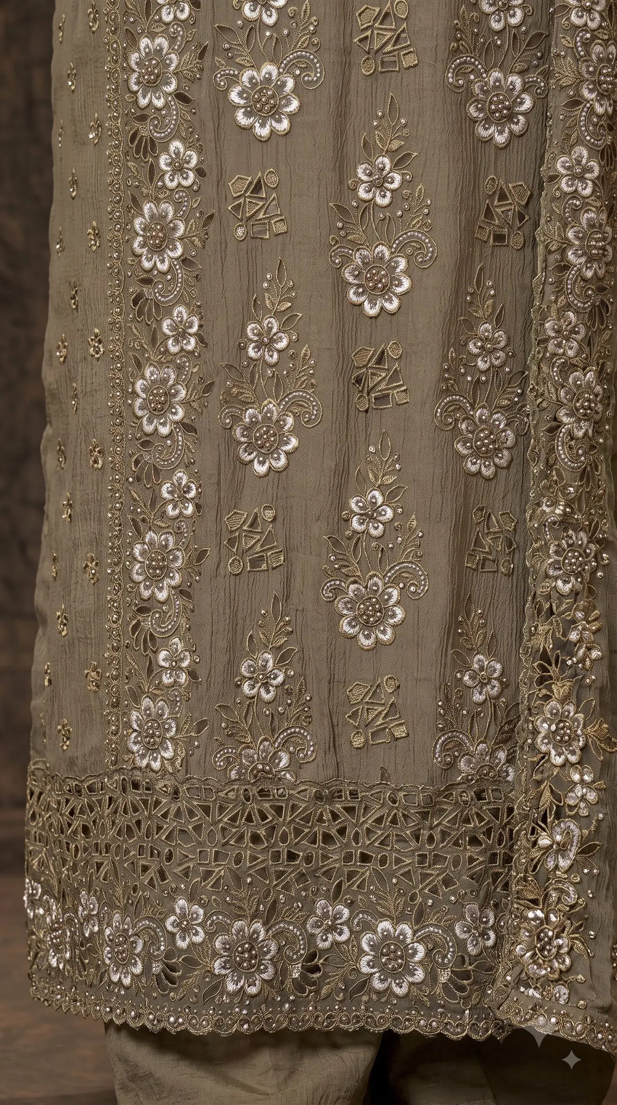 Premium Designer Olive Taupe Soft Crush Tissue Suit with Floral Embroidery, Pearl & Sequin Work