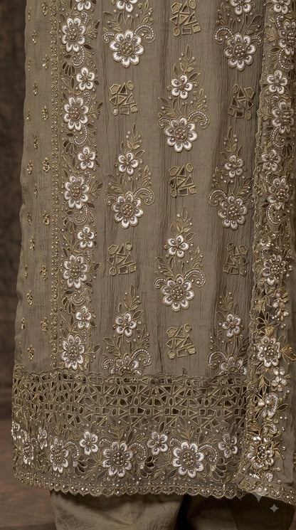 Premium Designer Olive Taupe Soft Crush Tissue Suit with Floral Embroidery, Pearl & Sequin Work