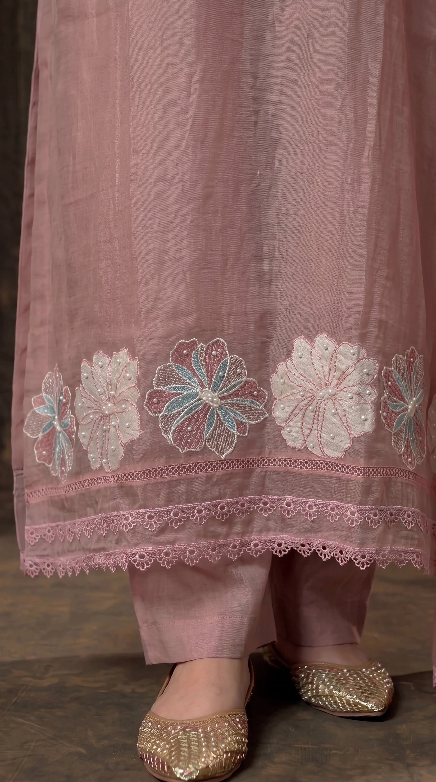 Pink Premium Linen Cotton Pakistani Suit with Pearl Floral Embroidery & Lace Work