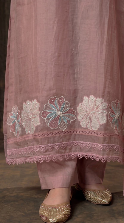 Pink Premium Linen Cotton Pakistani Suit with Pearl Floral Embroidery & Lace Work