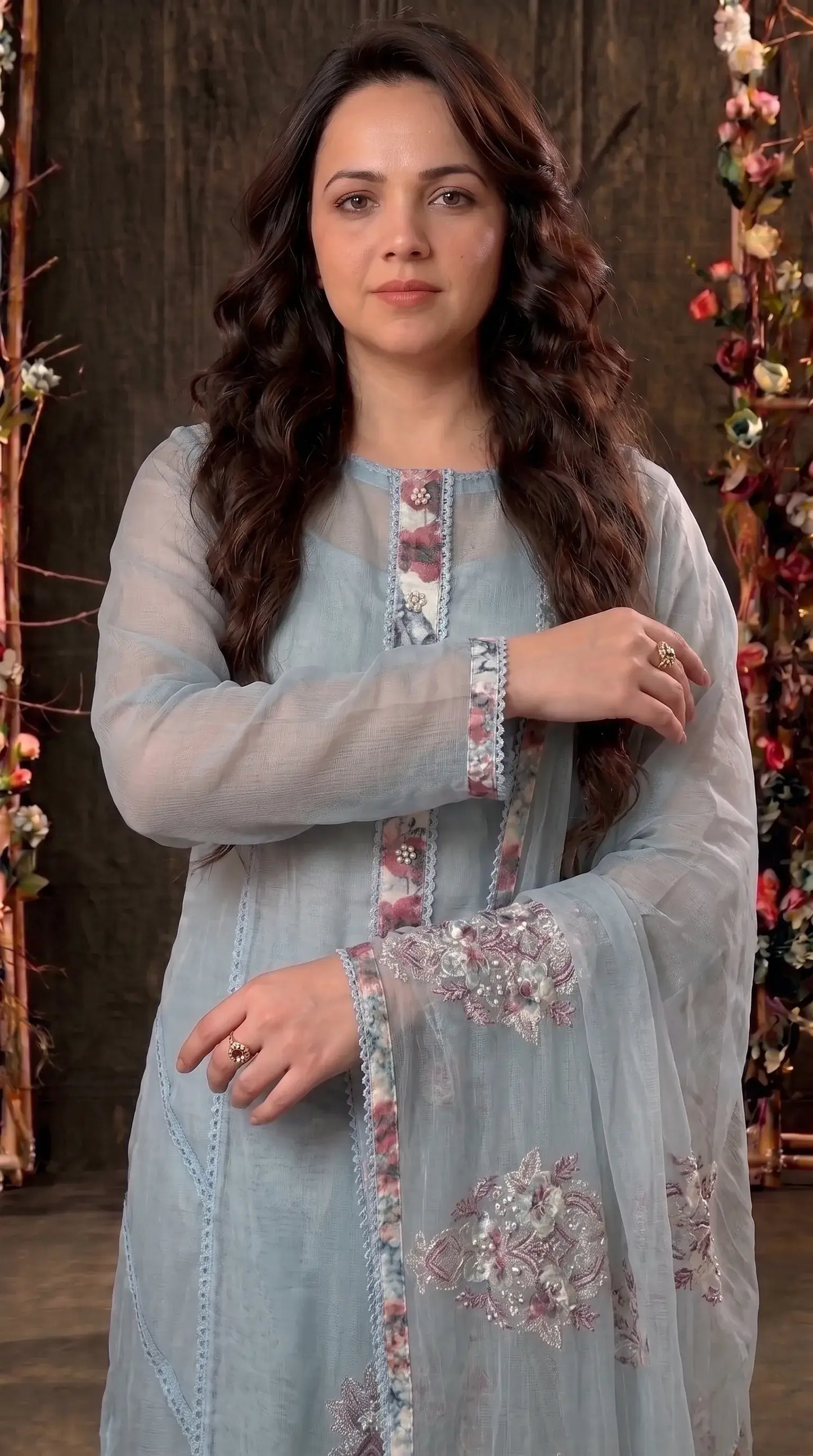 Floral Embroidered sky blue Suit with Pearl Handwork