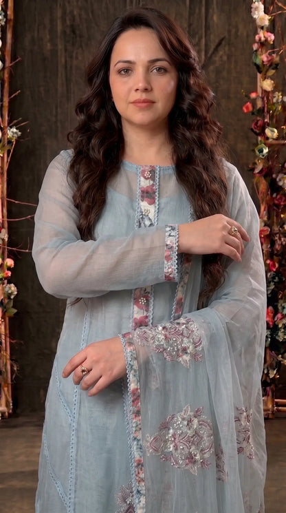 Floral Embroidered sky blue Suit with Pearl Handwork