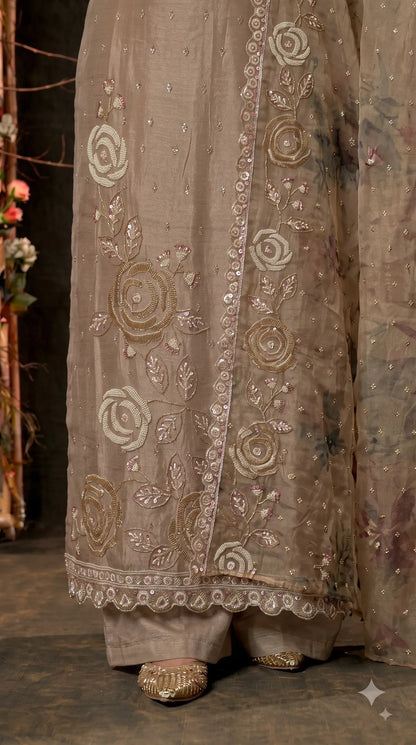 Premium Designer Beige Soft Tissue Suit with Pearl, Bead & Sequin Floral Work