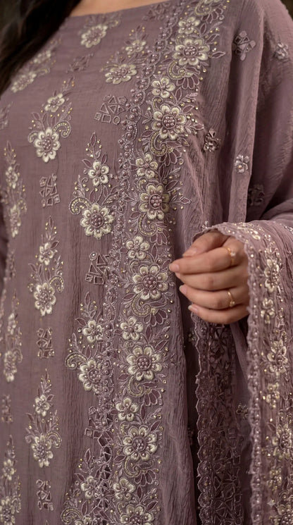 Pakistani Designer Mauve Shade Soft Crush Tissue Suit with Floral Embroidery, Pearl & Sequin Work