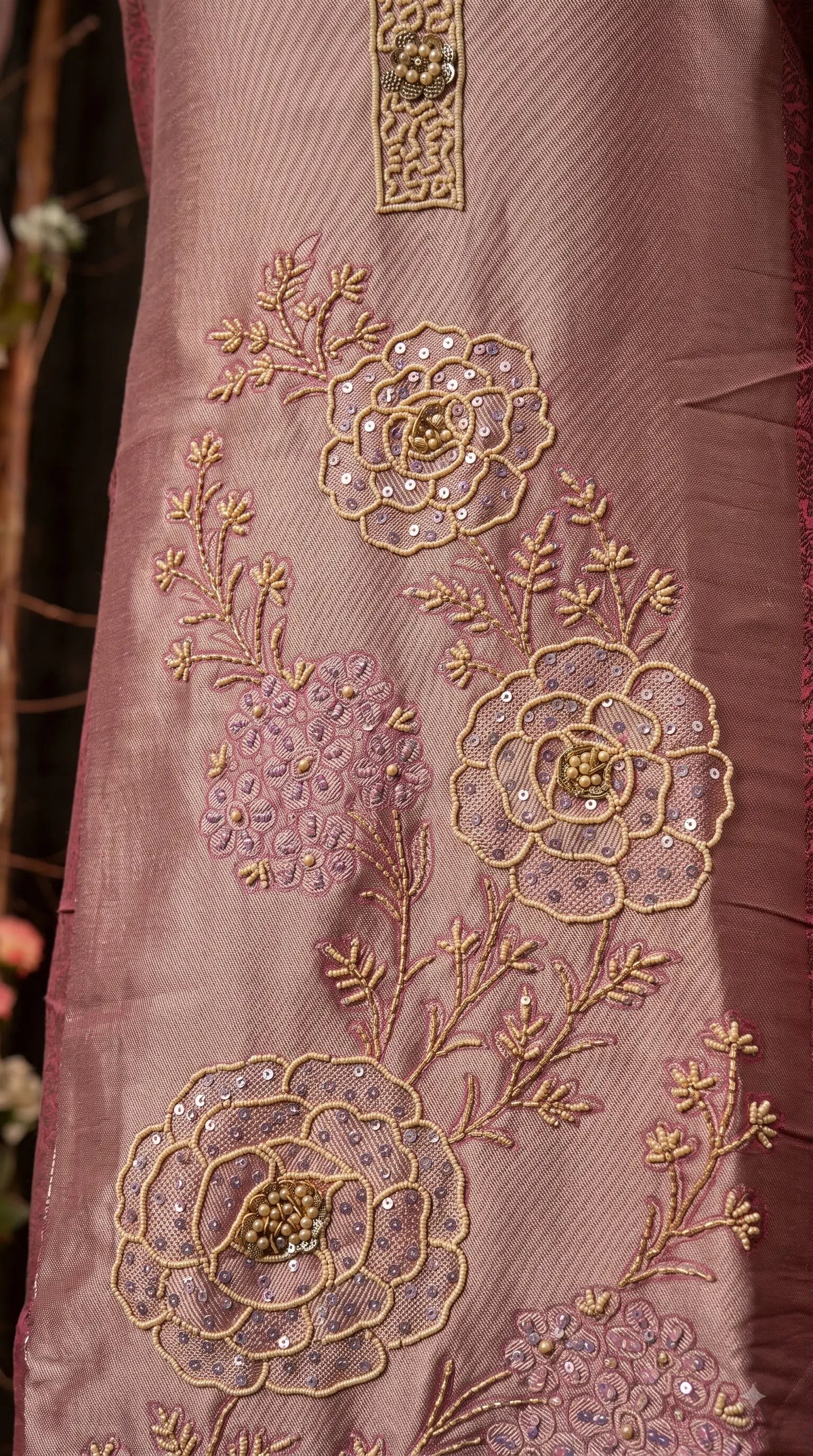 Premium Designer Dusty Rose Pink Banarasi Suit with Royal Floral Hand Work