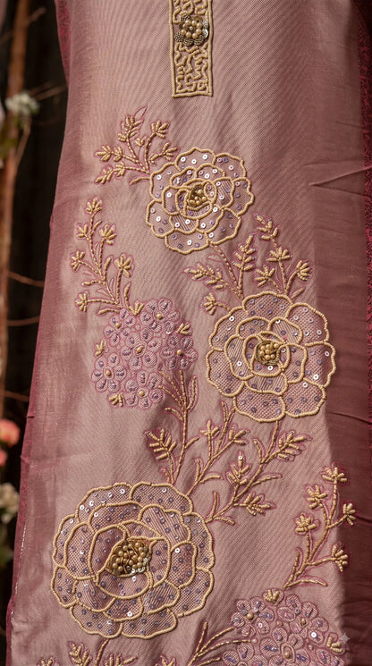Premium Designer Dusty Rose Pink Banarasi Suit with Royal Floral Hand Work