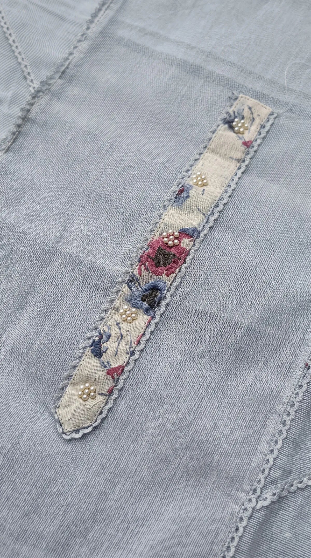 Pakistani Designer Soft Cotton Blue Suit With Floral Embroidery & Pearl Work