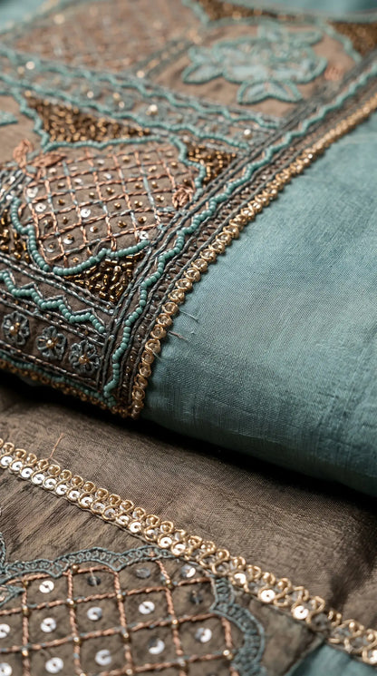 Pakistani Designer Sea Green Tissue Suit with Embroidery, Pearl & Sequin Work