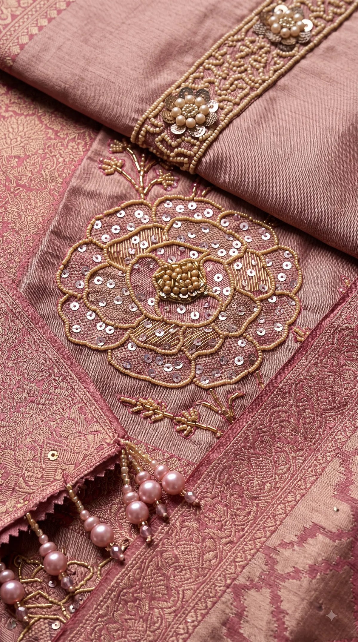 Premium Designer Dusty Rose Pink Banarasi Suit with Royal Floral Hand Work