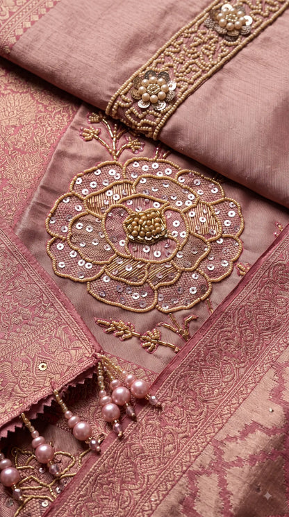 Premium Designer Dusty Rose Pink Banarasi Suit with Royal Floral Hand Work