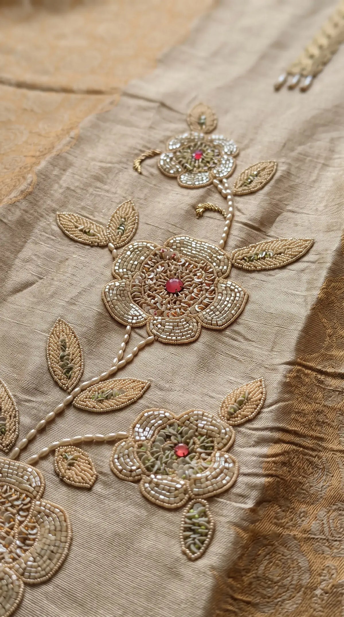 Pakistani Designer Yellow Banarsi Suit with Floral Bead & Sequin Work