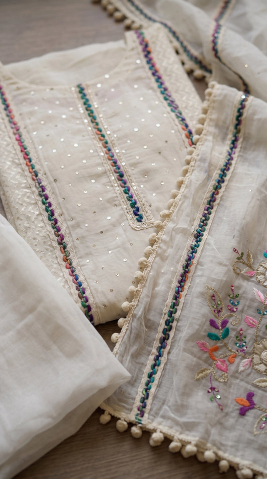 Premium Pakistani Mull Chanderi Suit with Sequin Work & Embroidered Dupatta