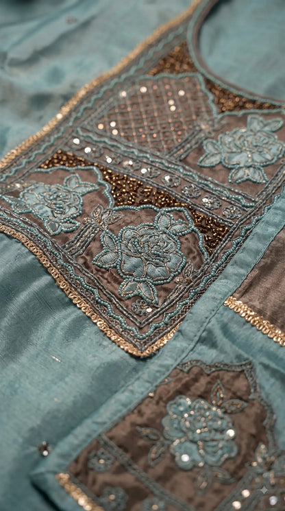 Pakistani Designer Sea Green Tissue Suit with Embroidery, Pearl & Sequin Work