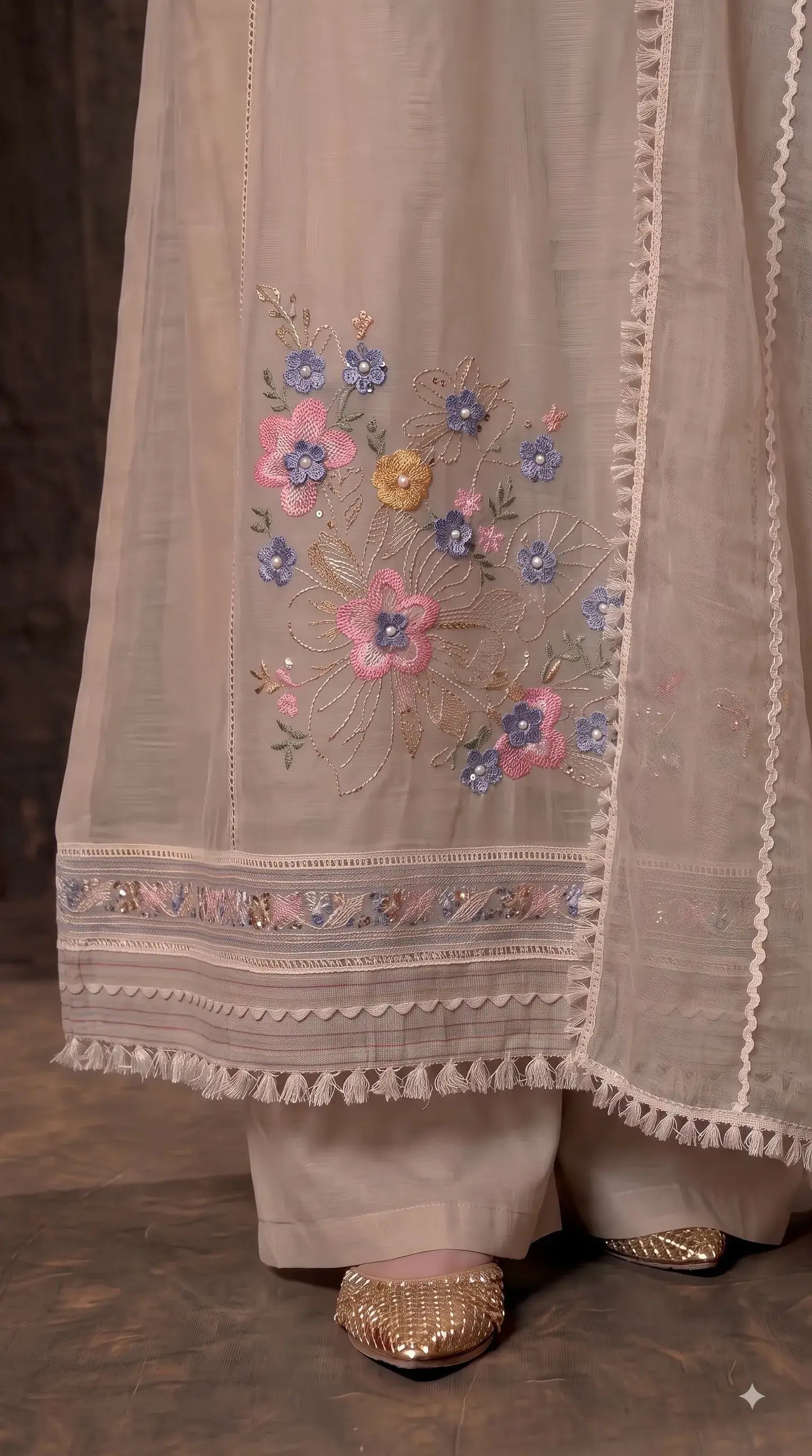 Premium Designer Beige Kota Pakistani Suit with Floral Embroidery